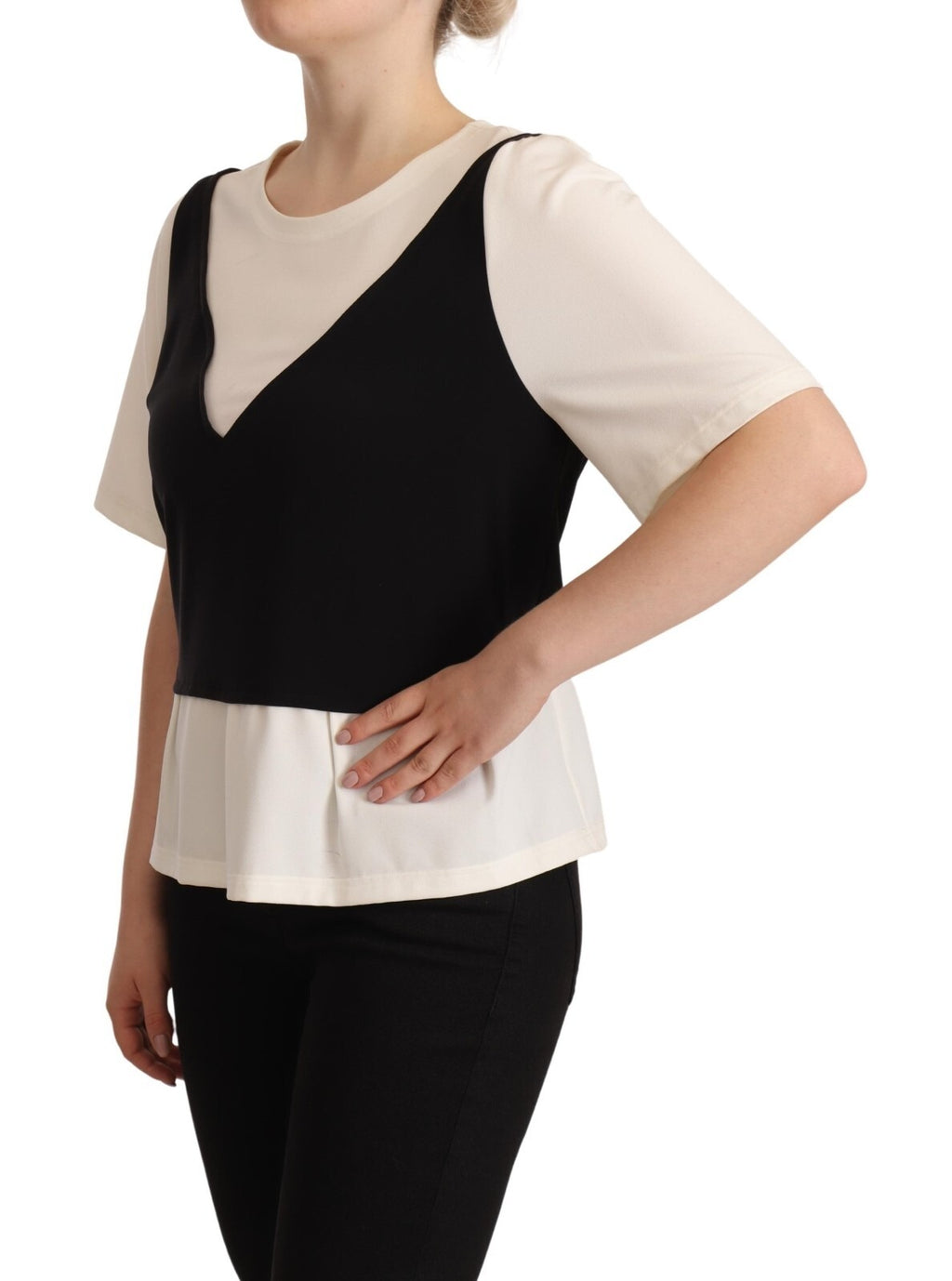 Boutique Moschino Black White Polyester Short Sleeves Top Blouse