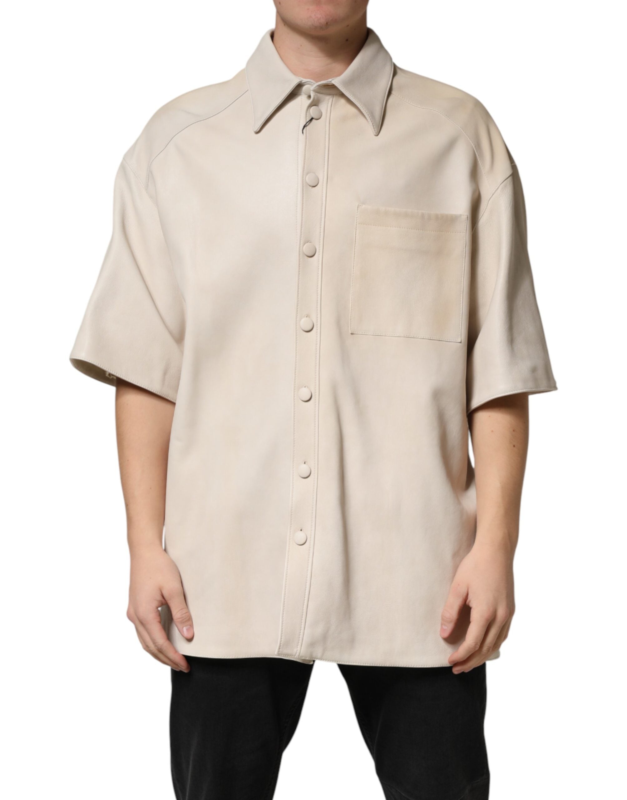 Dolce & Gabbana Beige Leather Button Down Men Casual Shirt