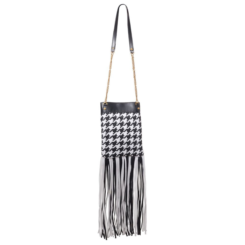 Versace Black And White Leather And Textile Shoulder Bag