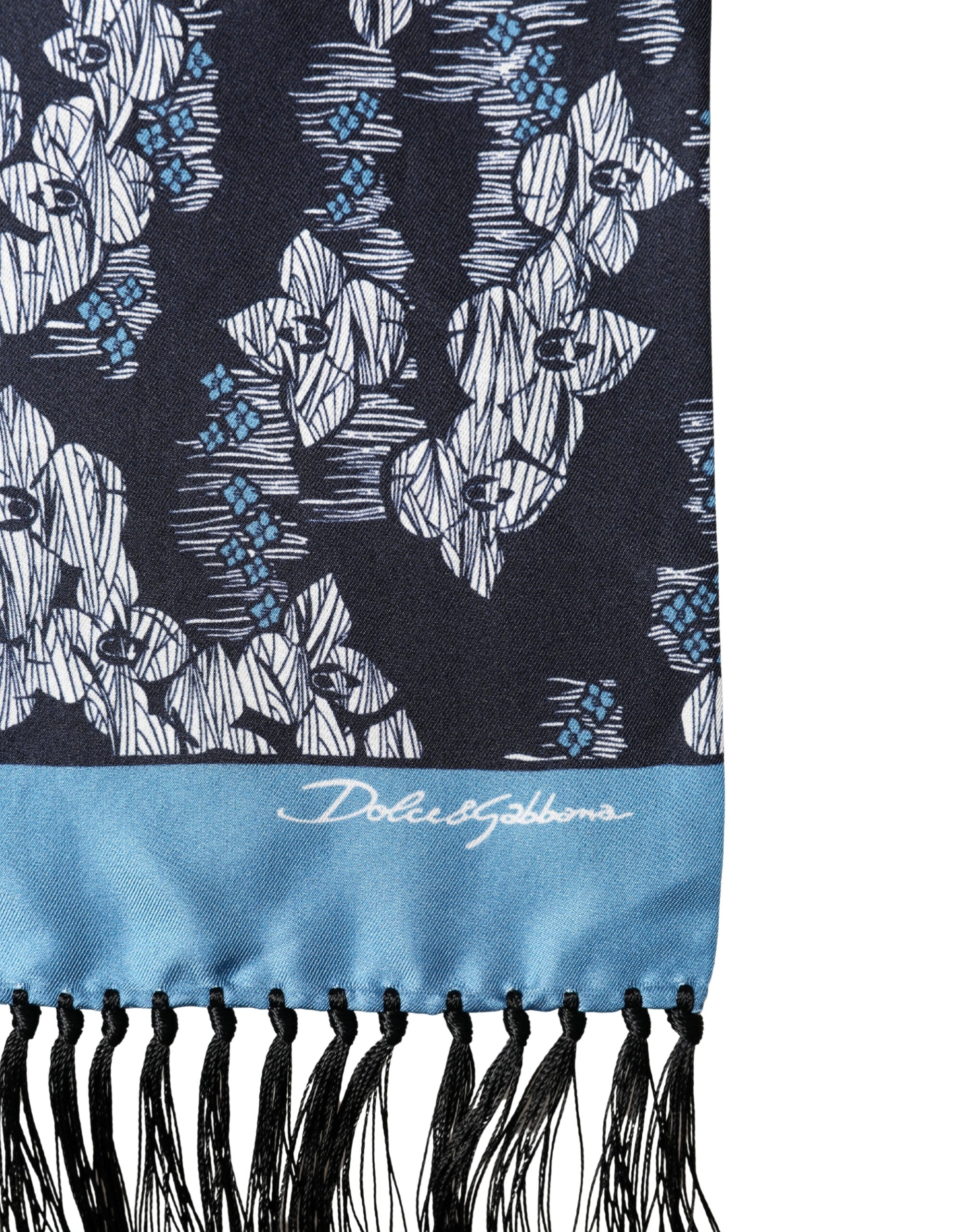 Dolce & Gabbana Black Blue Silk Floral Pattern Fringe 140cm x 16cm  Scarf