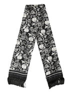 Dolce & Gabbana Black White Silk Floral Print Fringe 136cm X 15.5cm  Scarf