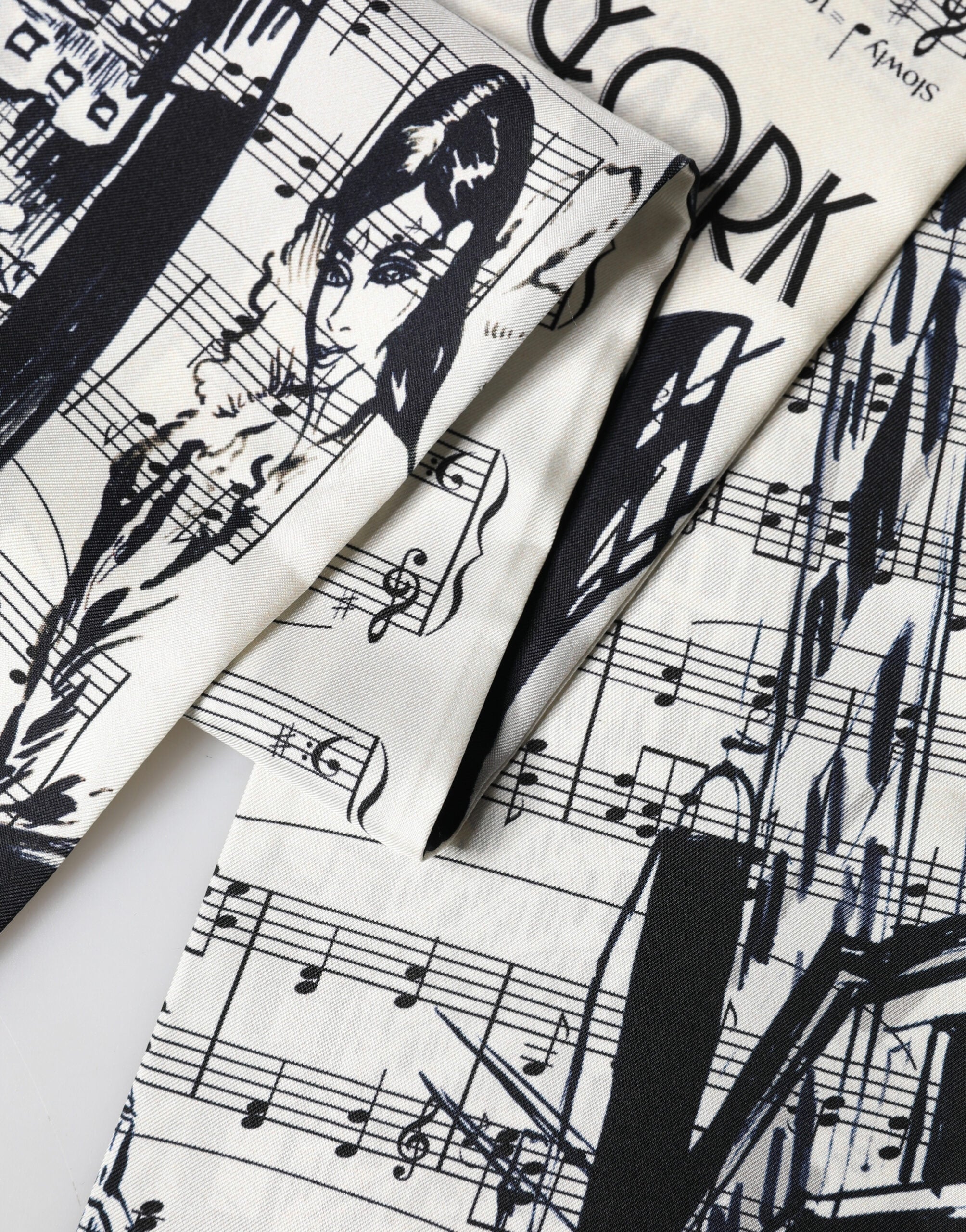 Dolce & Gabbana White Black Music City Print Silk Fringe 141cm X 15cm Scarf
