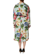 Dolce & Gabbana Green Floral Silk Wrap Midi Long Sleeve Dress