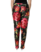 Dolce & Gabbana Black Floral Silk Mid Waist Tailored Trousers Pants
