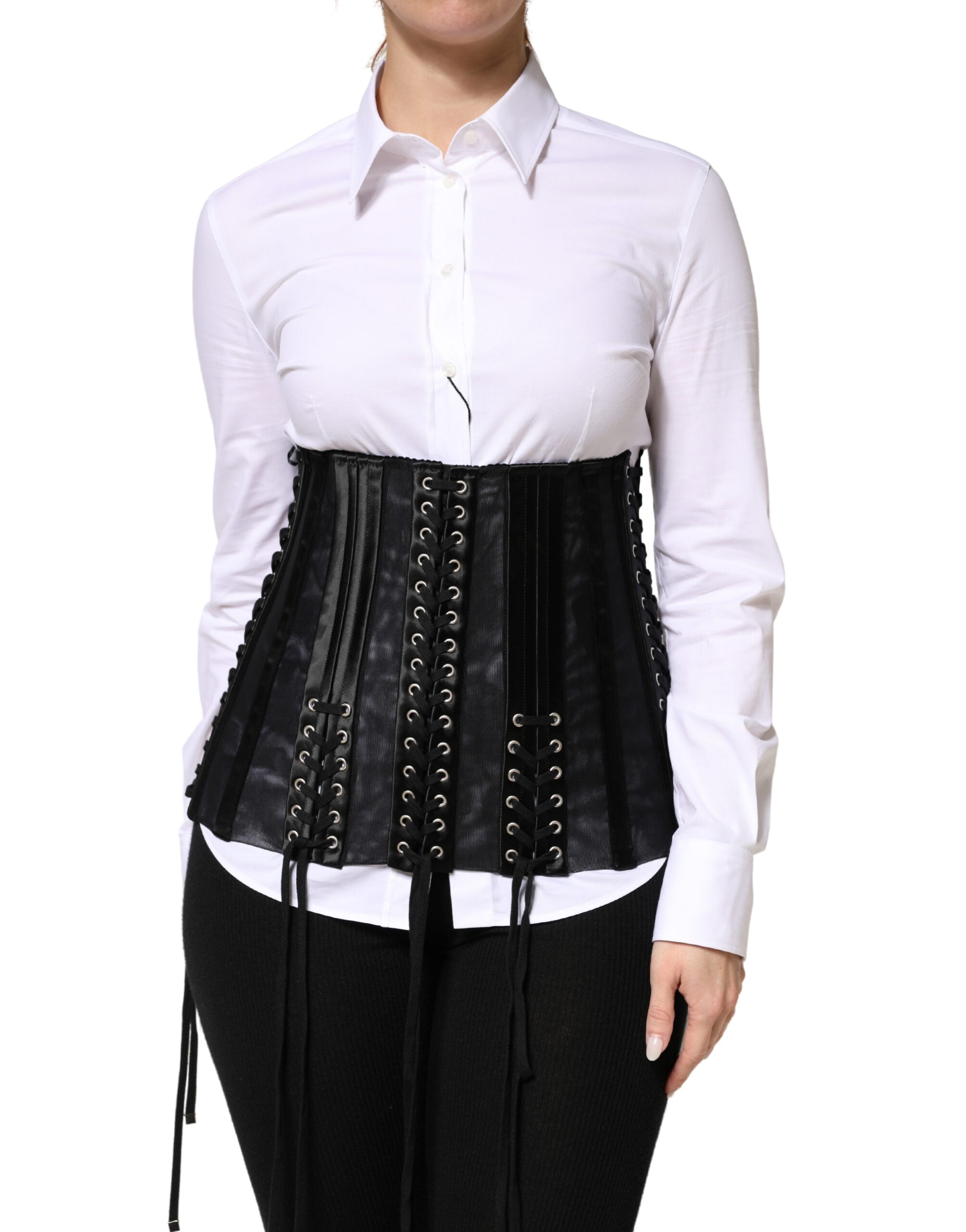 Dolce & Gabbana Black Lace-Up Waist Cincher Bustier Corset Top