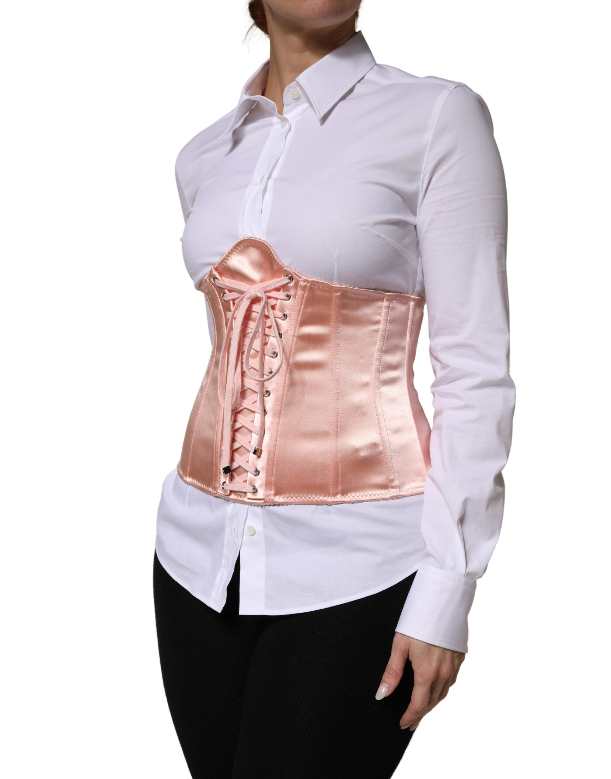 Dolce & Gabbana Pale Pink Silk LaceUp Waist Cincher Corse Top