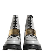 Dolce & Gabbana Gray Leather Logo Plaque Ankle Boots Shoes