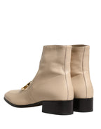 Dolce & Gabbana Beige Leather Logo Plaque Ankle Boots Shoes
