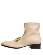 Dolce & Gabbana Beige Leather Logo Plaque Ankle Boots Shoes