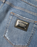 Dolce & Gabbana Blue Tattered Slim Fit Cotton Denim Jeans