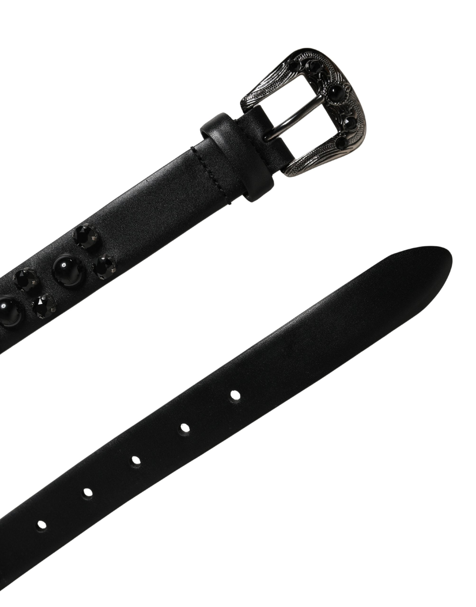 Dolce & Gabbana Men Black Calf Embellished Metal Buckle Belt