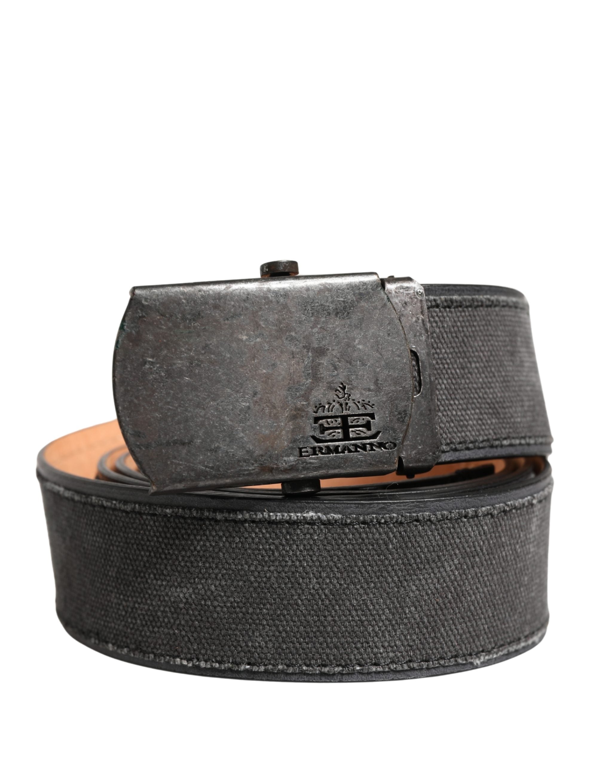 Ermanno Scervino Black Leather Cotton Logo Metal Buckle Belt