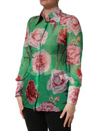 Dolce & Gabbana Green CarnationPrint Silk Collared Blouse Top