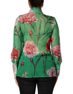 Dolce & Gabbana Green CarnationPrint Silk Collared Blouse Top