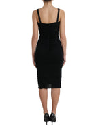 Dolce & Gabbana Black Wool Sleeveless Rose Applique Dress
