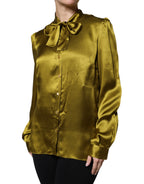 Dolce & Gabbana Green Satin Long Sleeve Ascot Tie Shirt Top