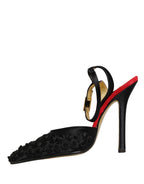 Dolce & Gabbana Black Satin Floral Ankle Strap Sandals Shoes