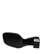 Dolce & Gabbana Silver Black Leather Block Heels Sandals Shoes