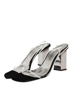 Dolce & Gabbana Silver Black Leather Block Heels Sandals Shoes