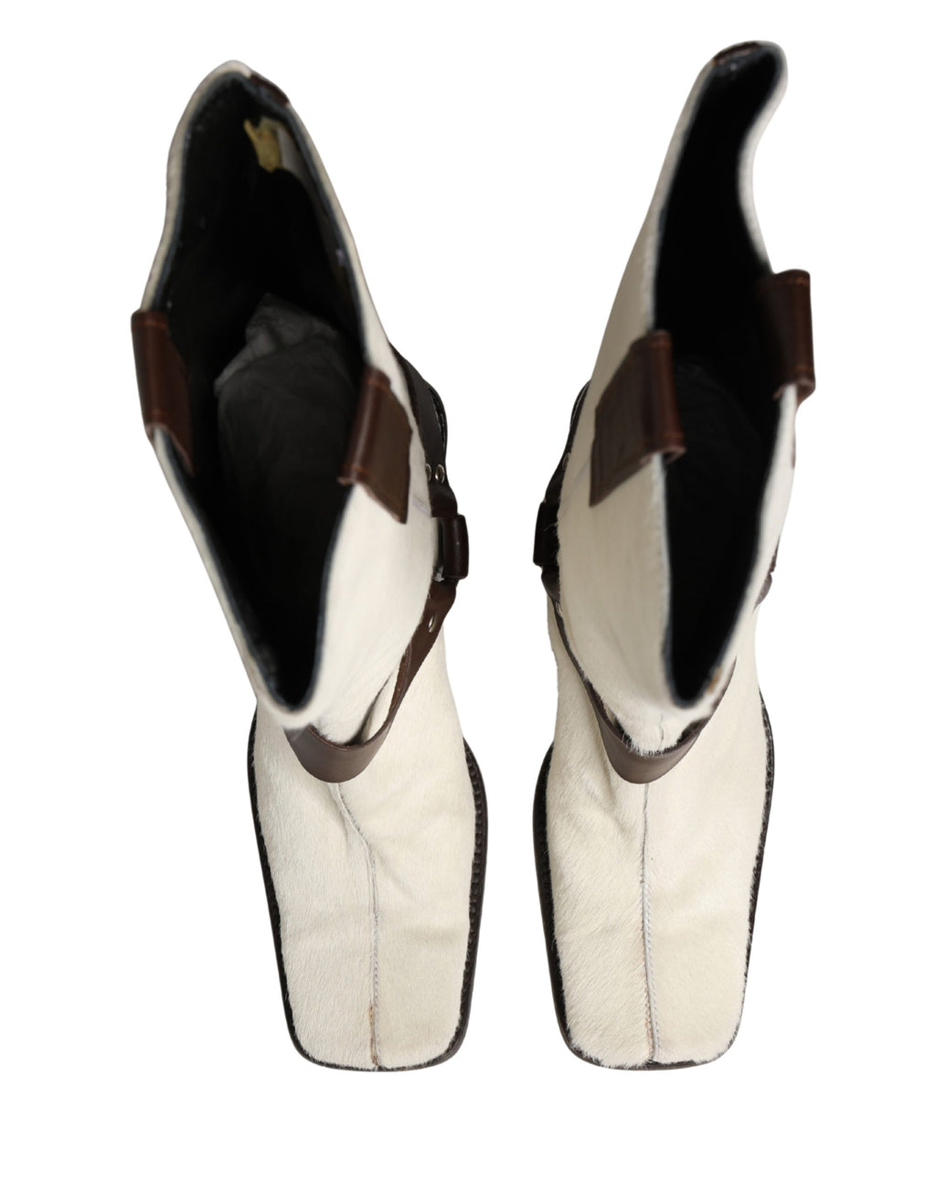 Dolce & Gabbana White Brown Fur Leather Mid Calf Boots Shoes