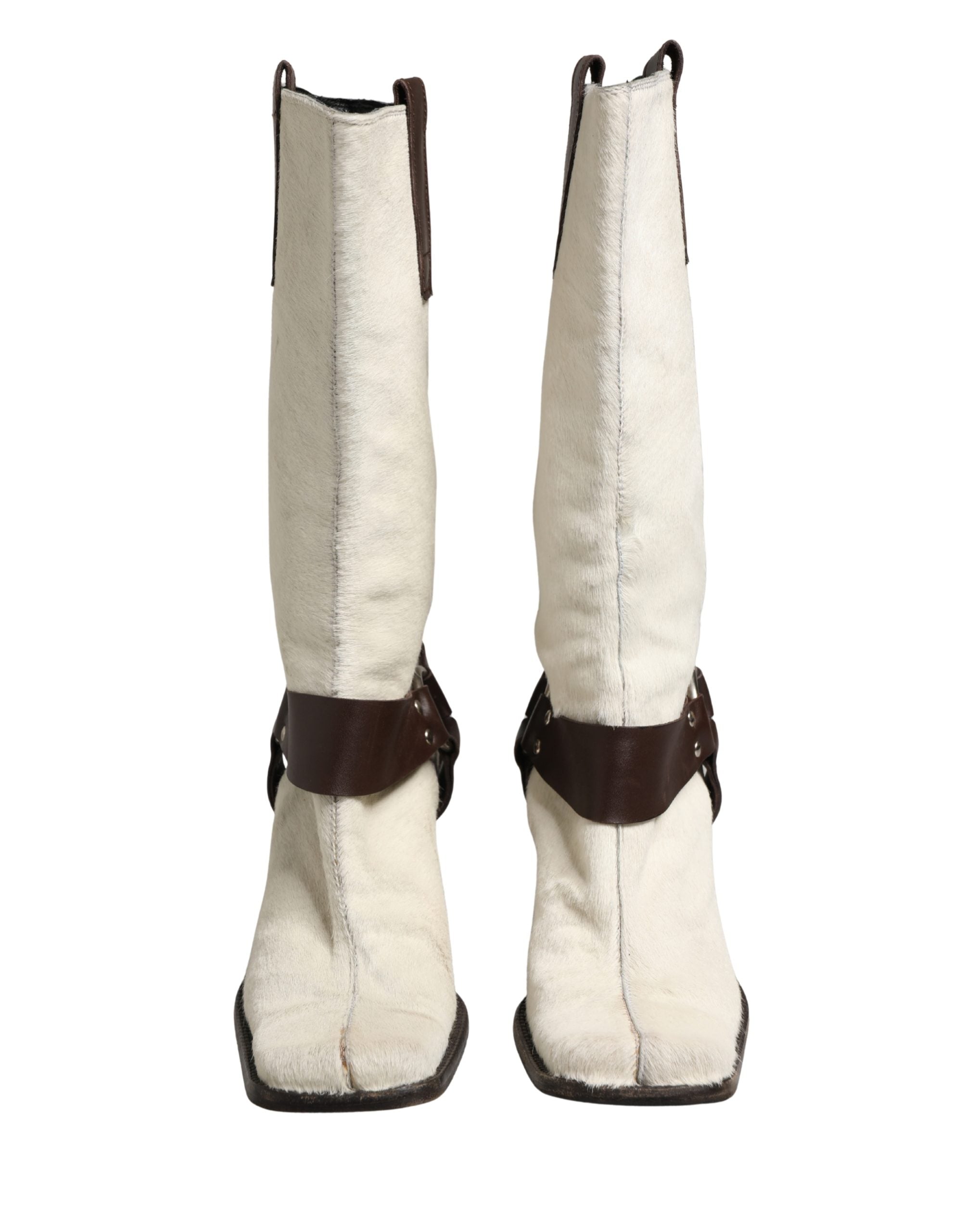 Dolce & Gabbana White Brown Fur Leather Mid Calf Boots Shoes