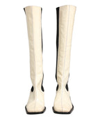Dolce & Gabbana White Black Leather Knee High Boots Shoes