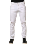 Dolce & Gabbana White Cotton Tattered Men Slim Fit Denim Jeans