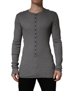 Dolce & Gabbana Gray Ribbed Cotton Long-Sleeve Henley  T-shirt