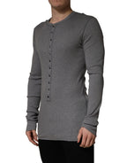 Dolce & Gabbana Gray Ribbed Cotton Long-Sleeve Henley  T-shirt