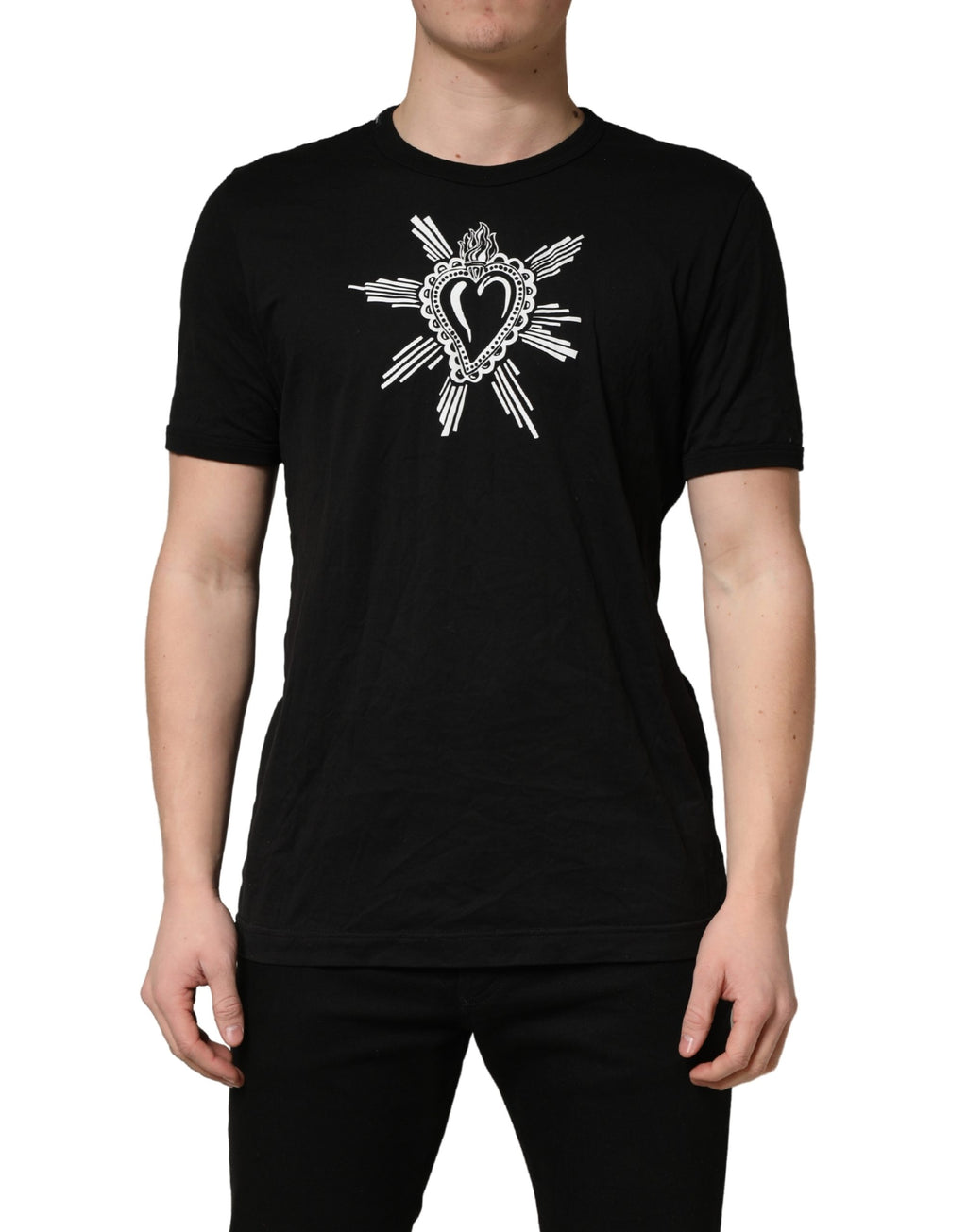 Dolce & Gabbana Black Cotton Sacred Heart Crew Neck T-shirt