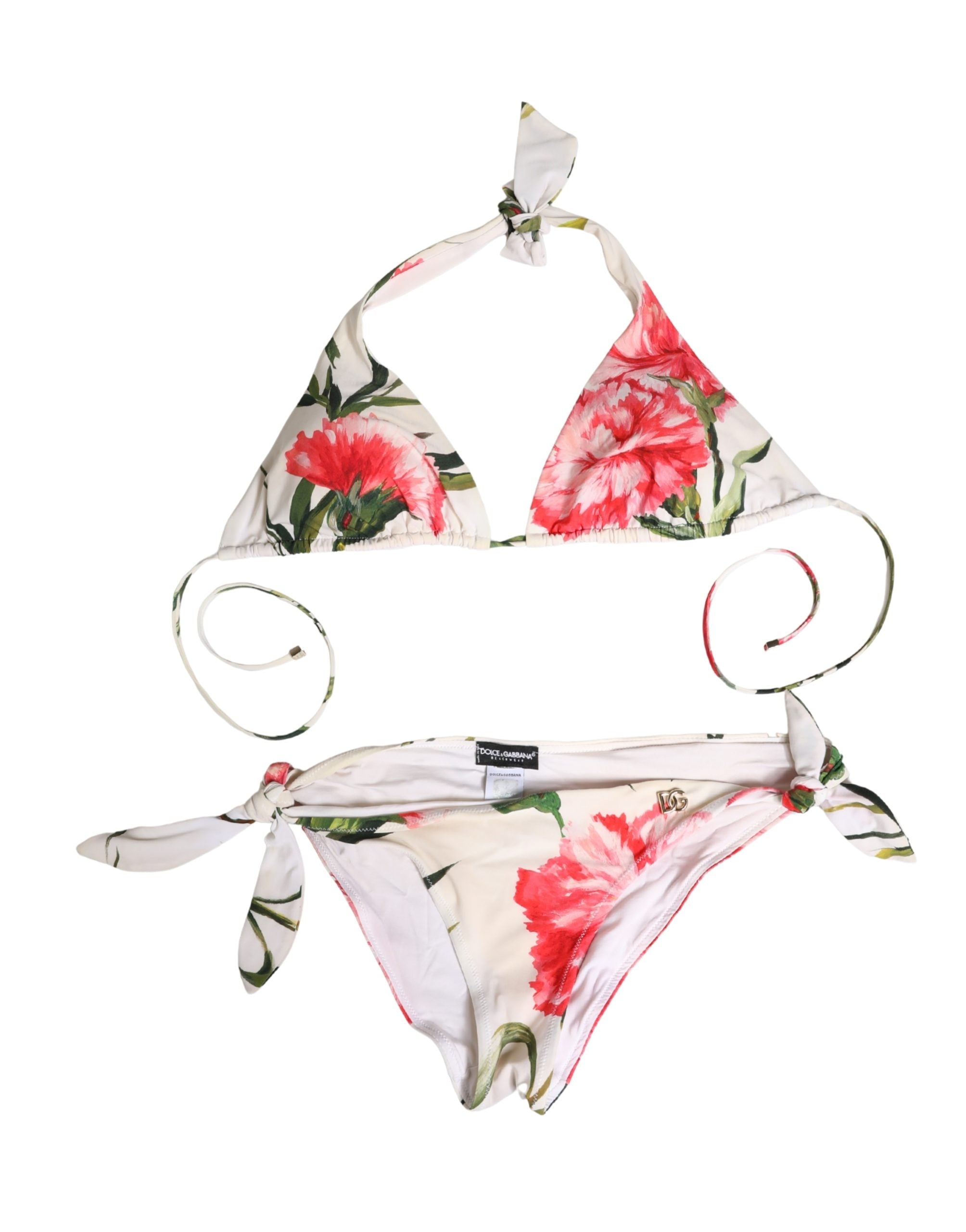 Dolce & Gabbana White Carnation Print Triangle Bikini Set Swimwear