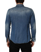 Dolce & Gabbana Blue Baroque Cotton Button Down Denim Shirt
