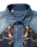 Dolce & Gabbana Blue Baroque Cotton Button Down Denim Shirt