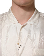 Dolce & Gabbana White Silk Long Sleeve Tonal Logo Print Shirt