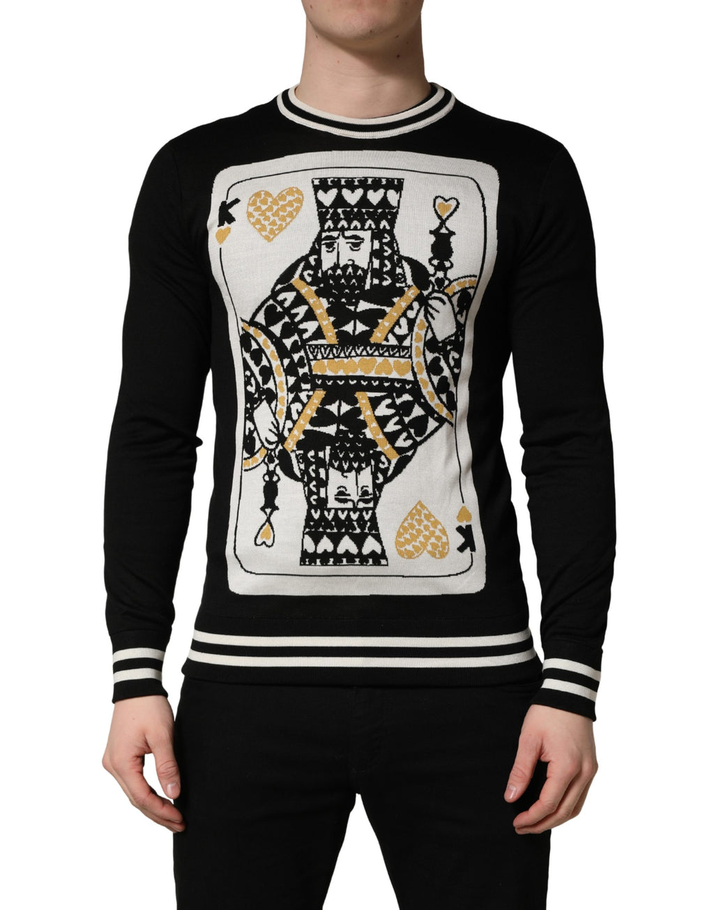 Dolce & Gabbana Black King Of Hearts Men Crew Neck Pullover Sweater