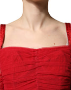 Dolce & Gabbana Red Cotton Ruched Stretch Tulle Midi Dress