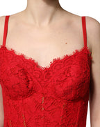 Dolce & Gabbana Red Corset Lace Bodice Draped Long Gown Dress