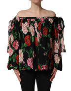 Dolce & Gabbana Black Rose Print Silk Off The Shoulder Blouse Top