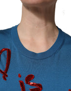 Dolce & Gabbana Blue Silk Sequined CrewNeck Pullover Sweater