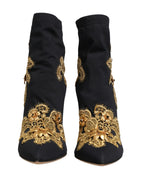 Dolce & Gabbana Black Gold Embroidery Crystal Boots Shoes