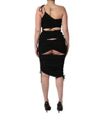 Dolce & Gabbana Black Jersey Calf Length Cut-Out Ruched Dress