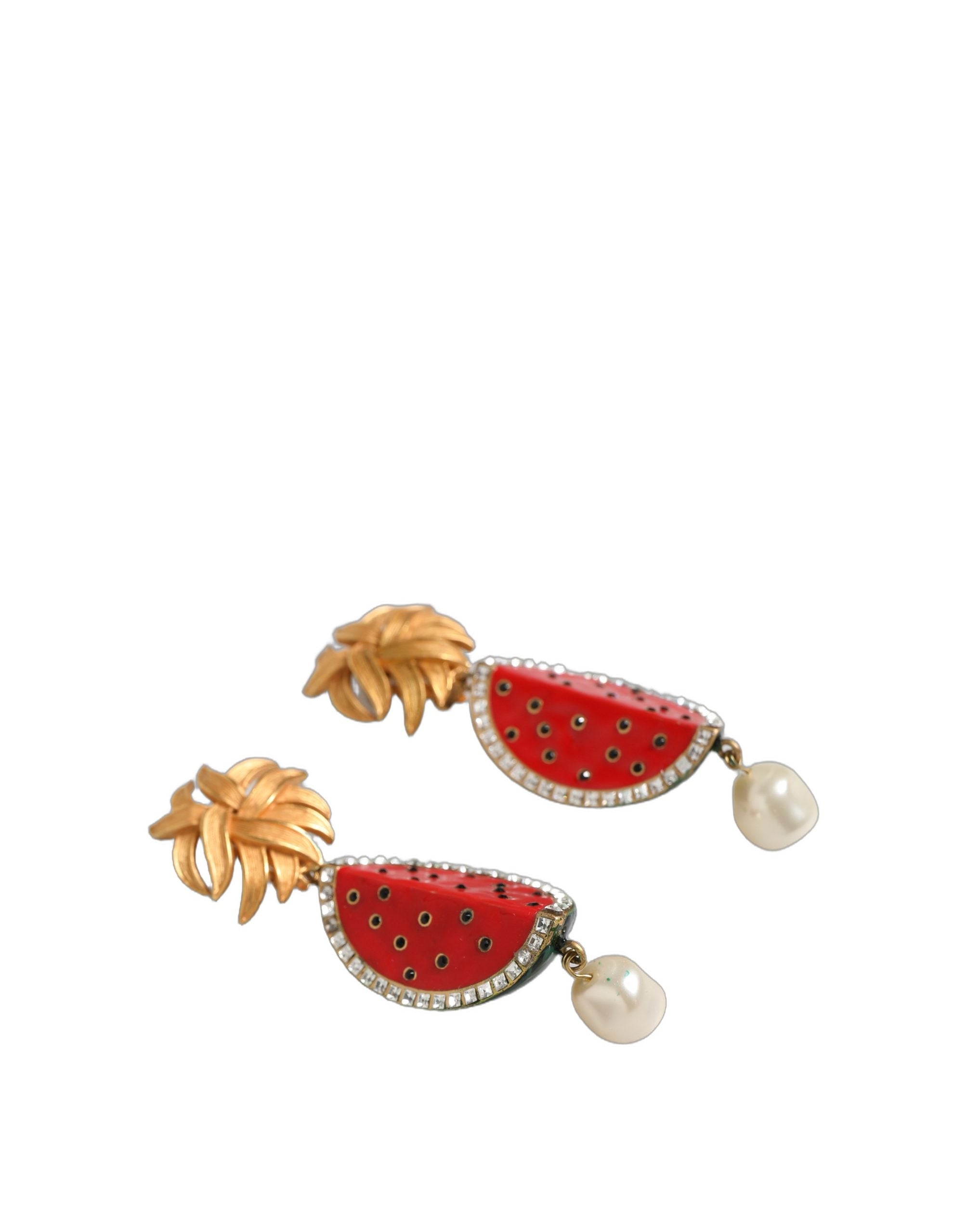 Dolce & Gabbana Red Watermelon Gold Brass Crystal Clip Dangling Earrings