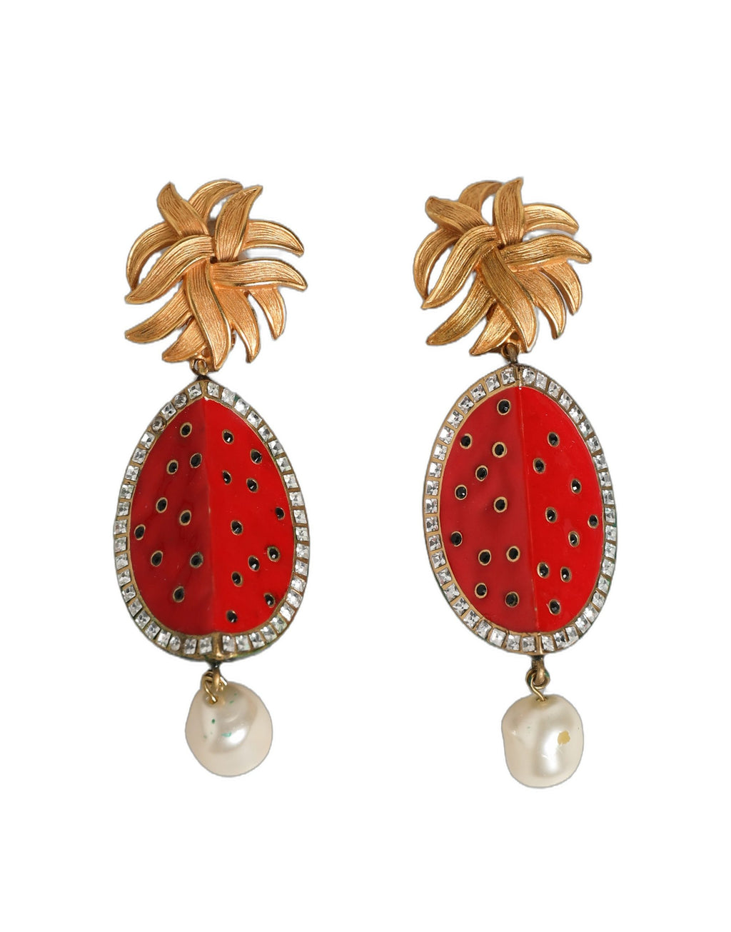 Dolce & Gabbana Red Watermelon Gold Brass Crystal Clip Dangling Earrings