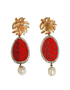 Dolce & Gabbana Red Watermelon Gold Brass Crystal Clip Dangling Earrings