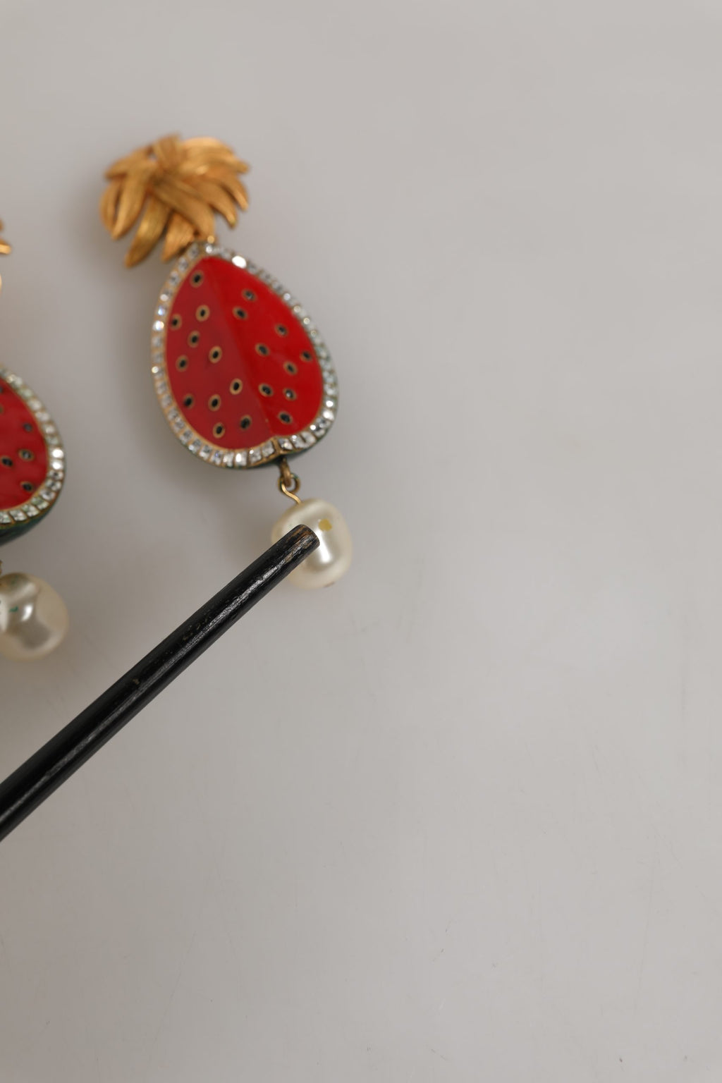 Dolce & Gabbana Red Watermelon Gold Brass Crystal Clip Dangling Earrings