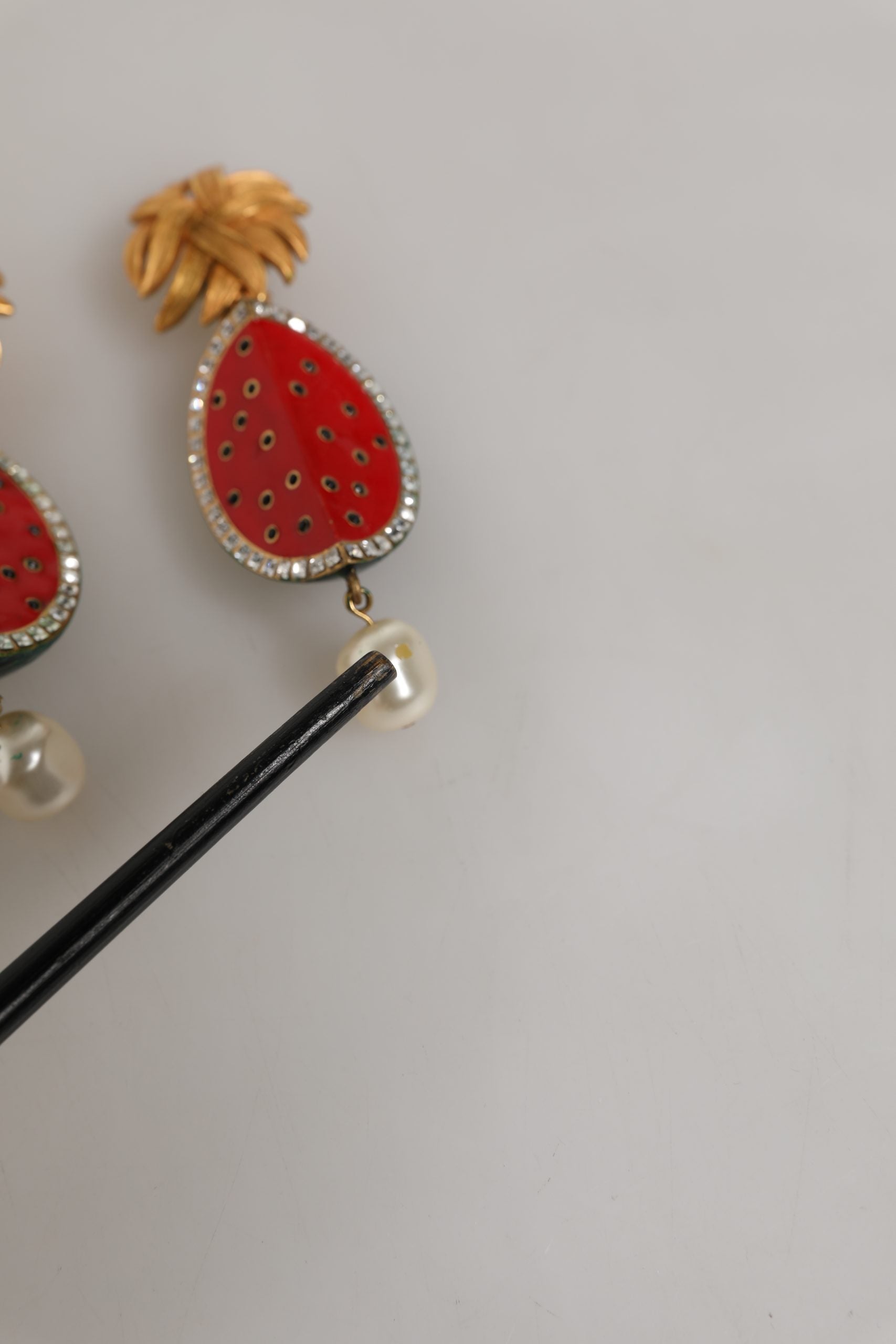 Dolce & Gabbana Red Watermelon Gold Brass Crystal Clip Dangling Earrings