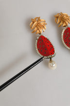 Dolce & Gabbana Red Watermelon Gold Brass Crystal Clip Dangling Earrings