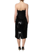 Dolce & Gabbana Black Strapless Red Rose Sequined Midi Dress