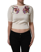 Dolce & Gabbana Beige Floral Print Silk CrewNeck Pullover Top