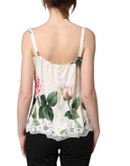 Dolce & Gabbana White Rose Print Lace Silk Camisole Tank Top